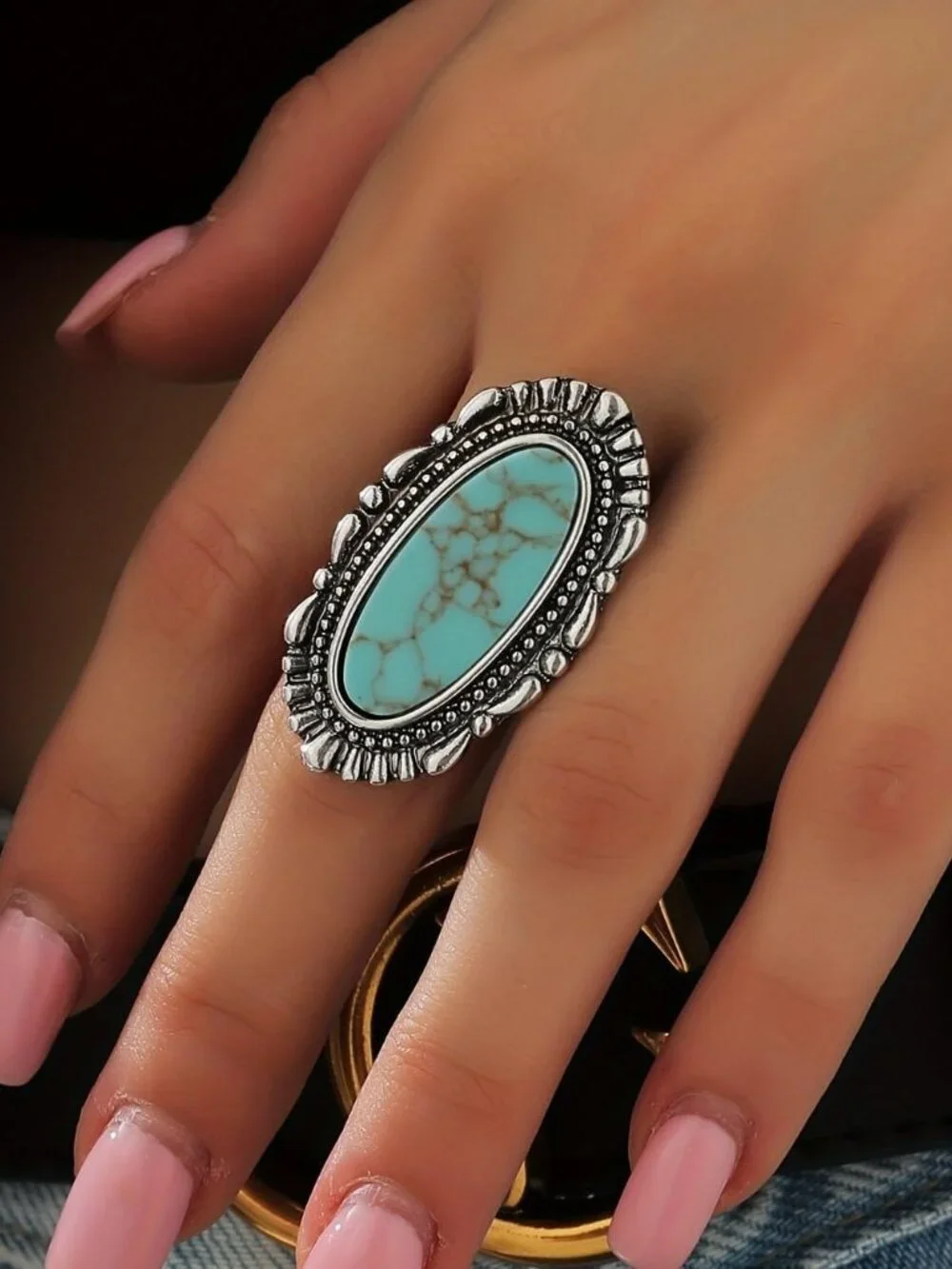 Vintage 925 Sterling Silver Turquoise Ring for Women, Bohemian Adjustable Natura - Picture 3 of 4
